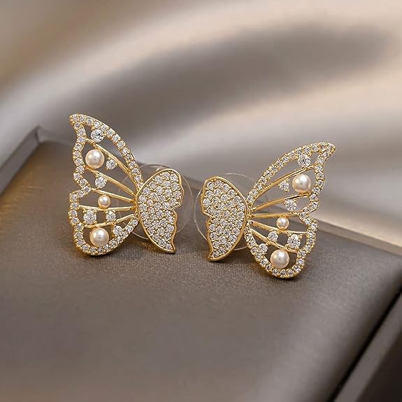 Korean Pearl and Cubic Zirconia Stud Earrings For Women and Girls