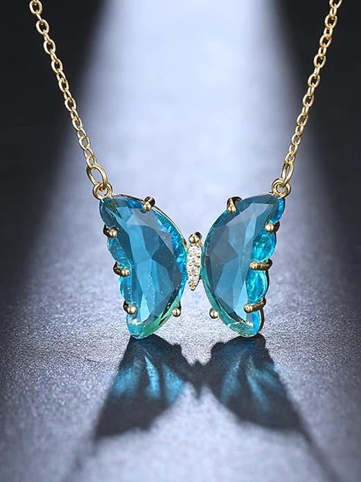 Gold Plated Turquoise Blue Crystal Butterfly Necklace For Women and Girls  -90%